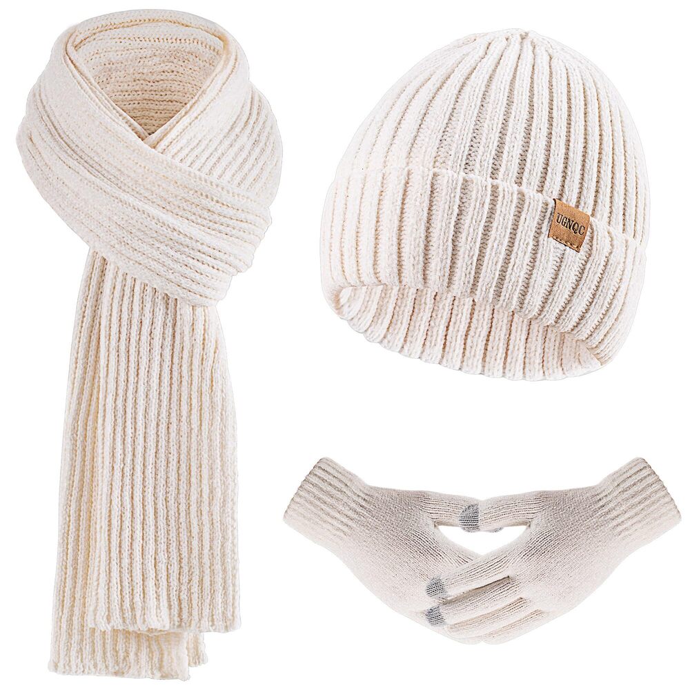 9449 Beanie Hat Scarf Gloves Set, Fleece Lined Long Knit Scarf Touchscreen